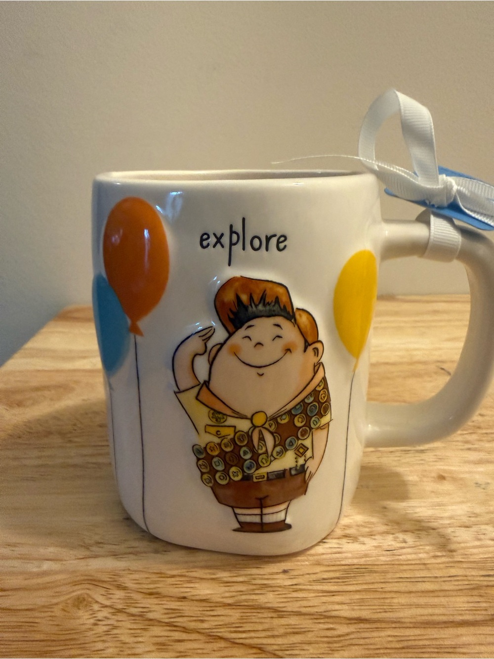 Rae Dunn Up  Mug with Orange, Yellow, Blue Balloons - "explore"